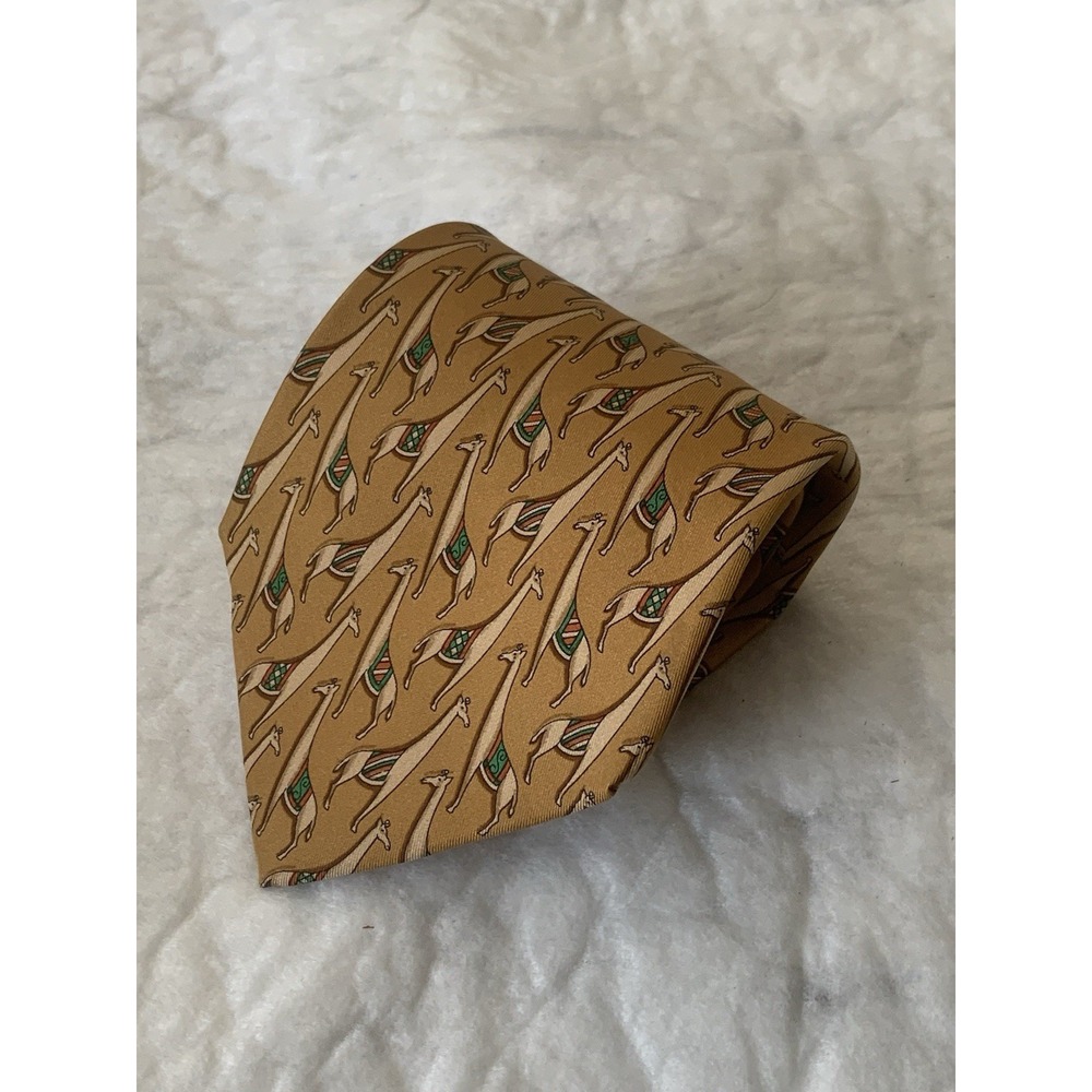 SALVATORE FERRAGAMO TIE Mustard Green Giraffe Pattern 100% Silk Mens Necktie